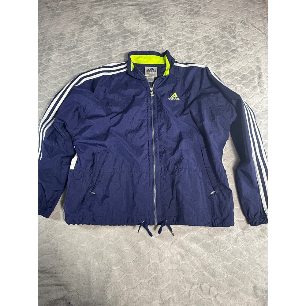 Vintage Adidas Windbreaker Jacket Navy Blue Neon Yellow Mens Medium Streetwear